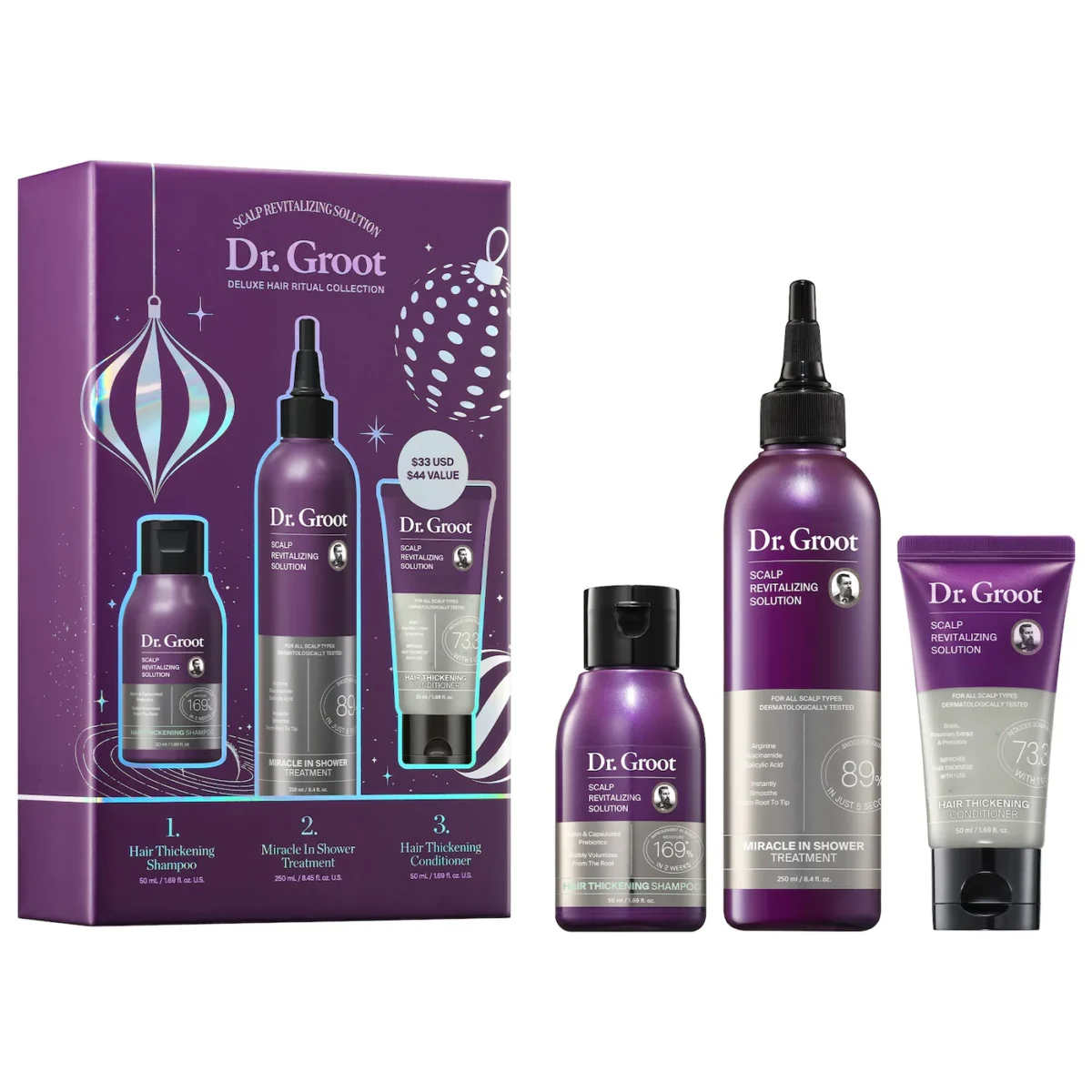Dr. Groot | Hair Thickening Miracle In Shower Treatment & Mini Shampoo, Conditioner Set (Set para engrosar el cabello con tratamiento, shampoo y acondicionador mini)