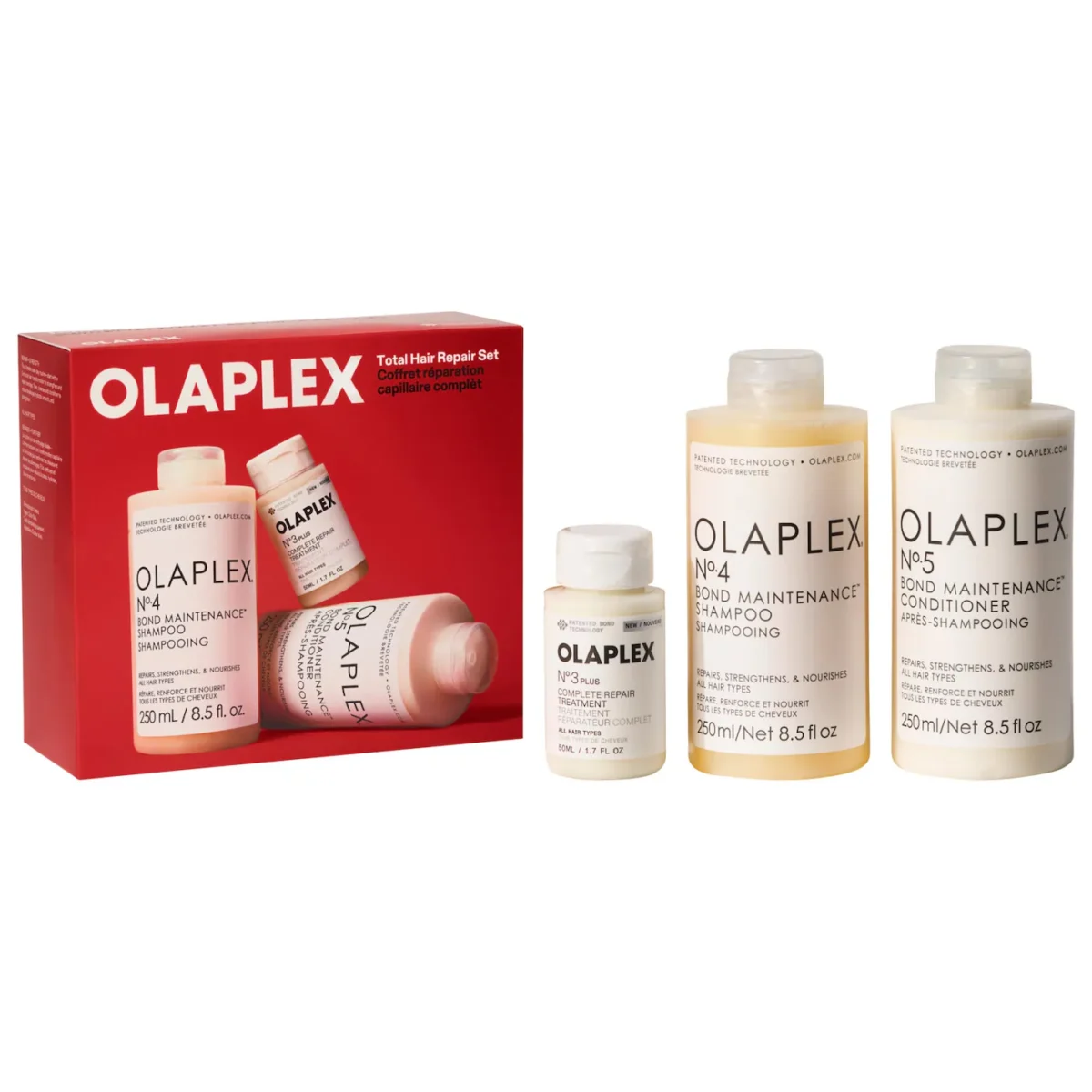 Olaplex | Total Hair Repair Pre-Shampoo Treatment, Shampoo & Conditioner Gift Set (Set de reparación capilar total: tratamiento pre-shampoo, shampoo y acondicionador)