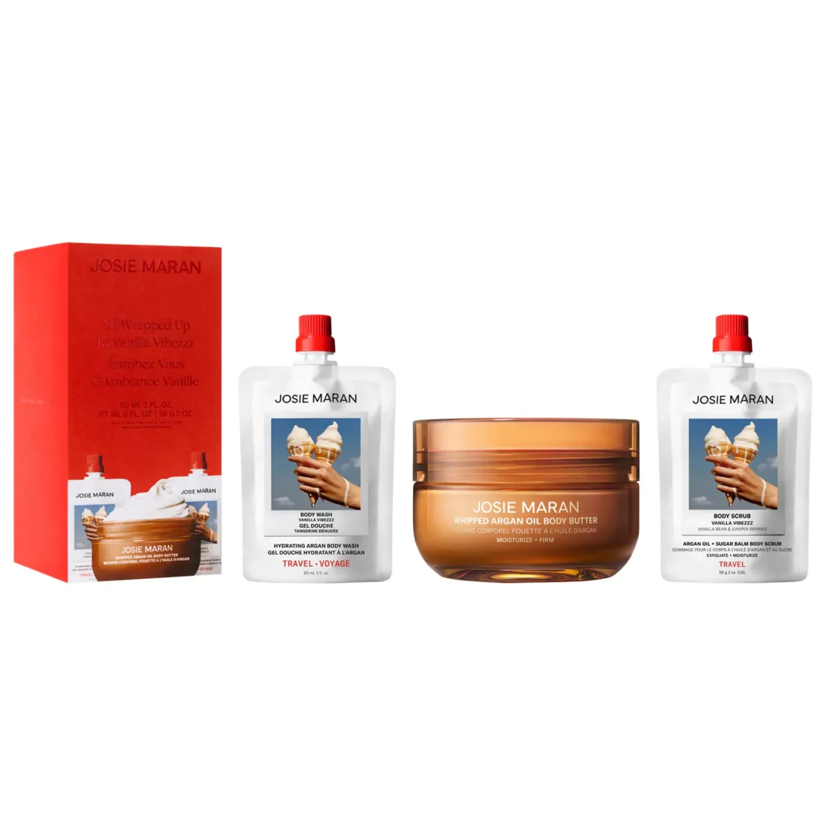 JOSIE MARAN | All Wrapped Up in Vanilla Vibezzz 3-Step Hydration Ritual Body Gift Set (Set de ritual corporal en 3 pasos: gel de baño, exfoliante y mantequilla corporal)