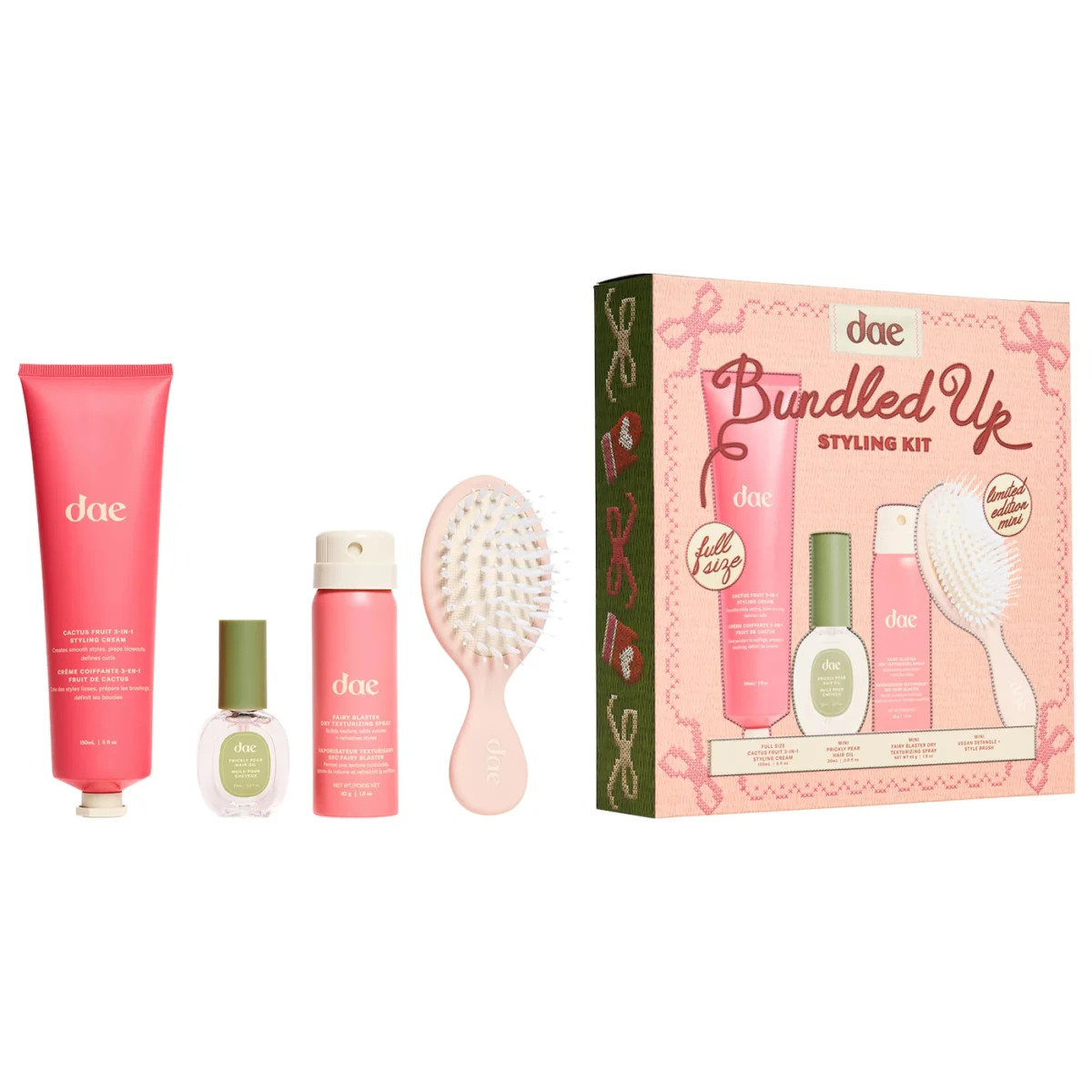 dae | Cactus Fruit 3-in-1 Styling Cream, Mini Fairy Blaster + Prickly Pear Oil Set (Set de crema de peinado 3 en 1, spray texturizador, aceite y cepillo)