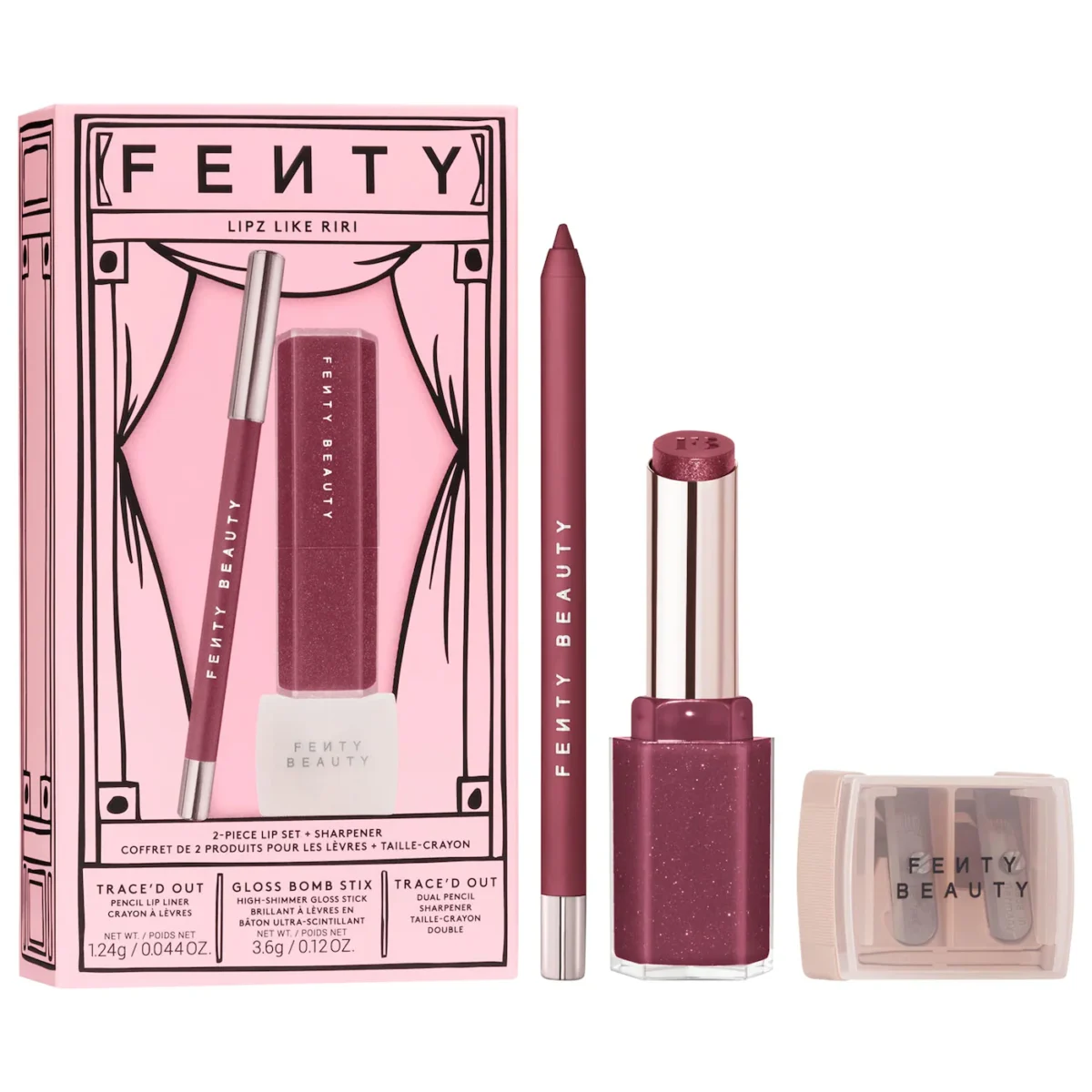 Fenty Beauty by Rihanna | Lipz Like Riri 2-Piece Lip + Sharpener Makeup Gift Set (Set de delineador, gloss en barra y sacapuntas)