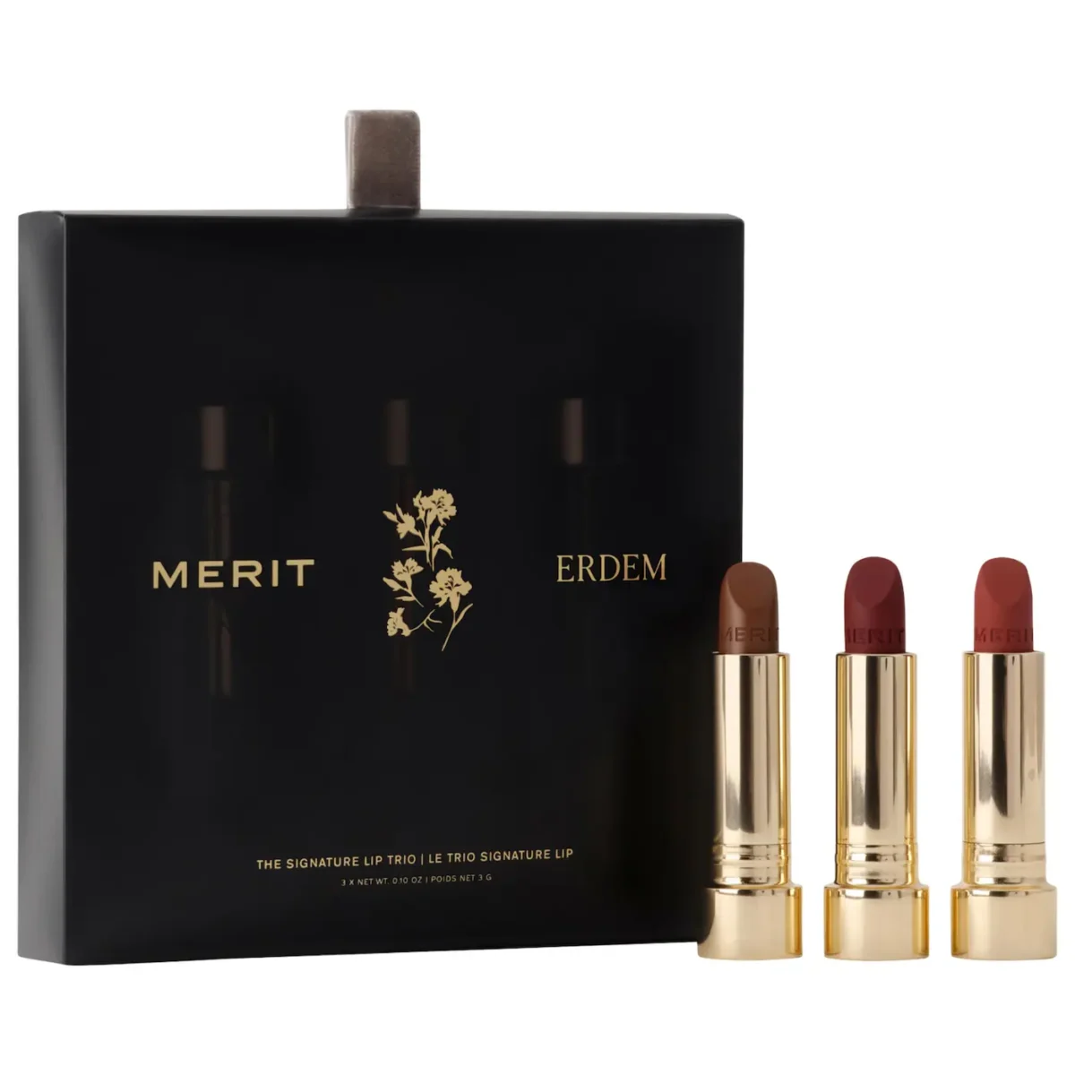MERIT | MERIT x Erdem Signature Lip Gift Set (Trío de labiales en 3 acabados, colaboración ERDEM)
