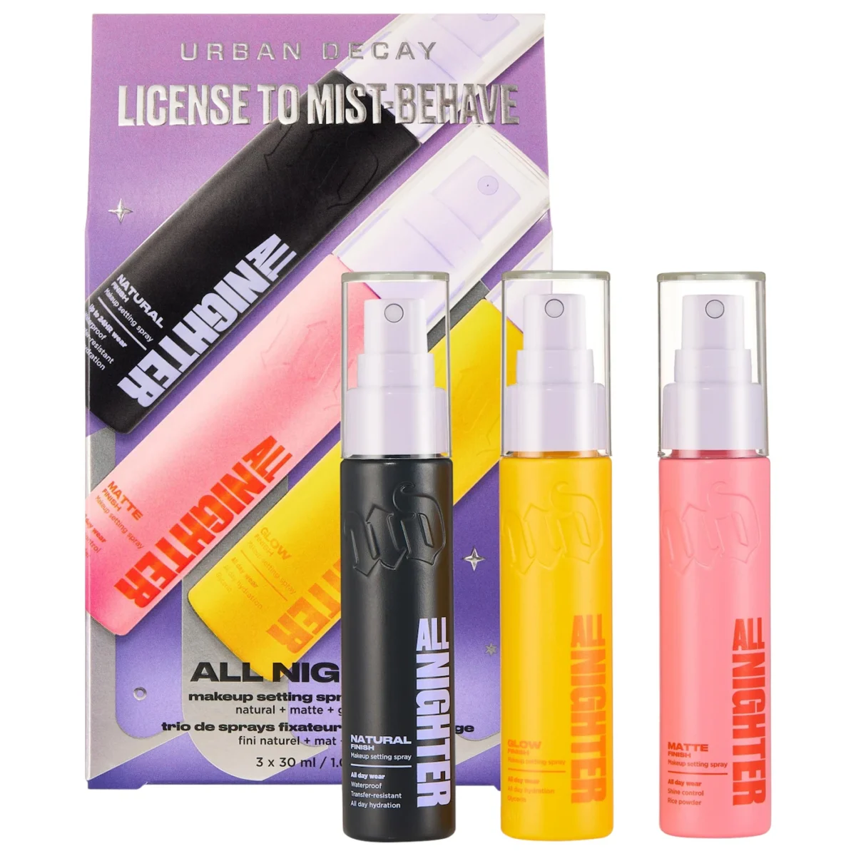 Urban Decay | Mini License to Mist-Behave All Nighter Makeup Setting Spray Trio Gift Set (Trío mini de spray fijador de maquillaje, 3 acabados)