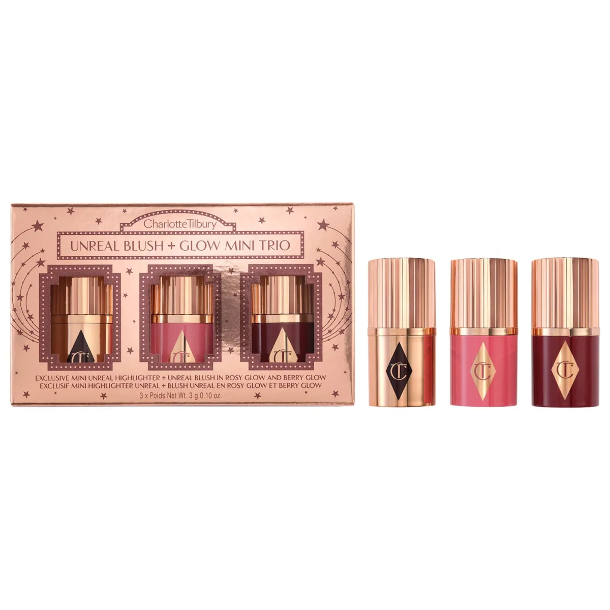 Charlotte Tilbury | Mini Unreal Blush + Glow Trio (Trío mini de rubores e iluminador en barra)