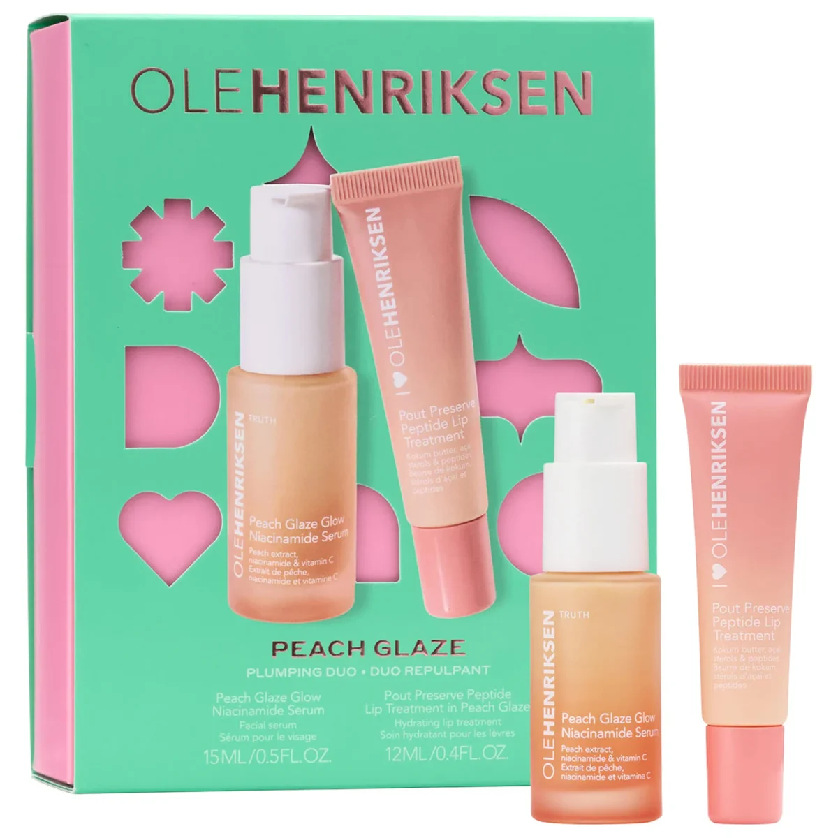 OLEHENRIKSEN | Peach Glaze Niacinamide + Peptide Plumping Duo (Dúo de sérum facial y tratamiento labial con durazno y niacinamida)