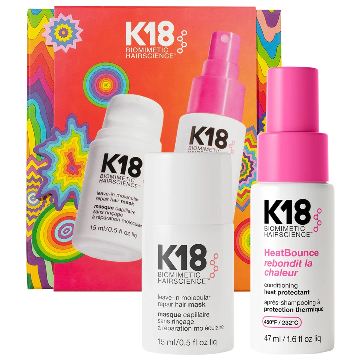 K18 Biomimetic Hairscience | Repair + Protect Mini Leave-In Molecular Repair Mask & HeatBounce Leave-In Conditioner Gift Set (Set mini de mascarilla reparadora sin enjuague y protector de calor)