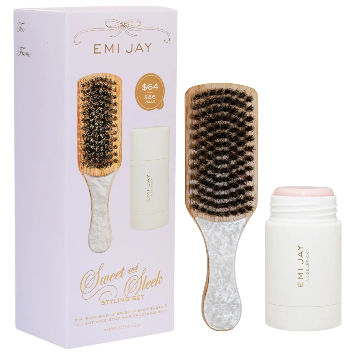 Emi Jay | Sweet and Sleek Styling Set with Angelstick and Mini Boar Bristle Brush in Snow Sugar (Set de peinado: barra alisadora y mini cepillo de cerdas naturales)
